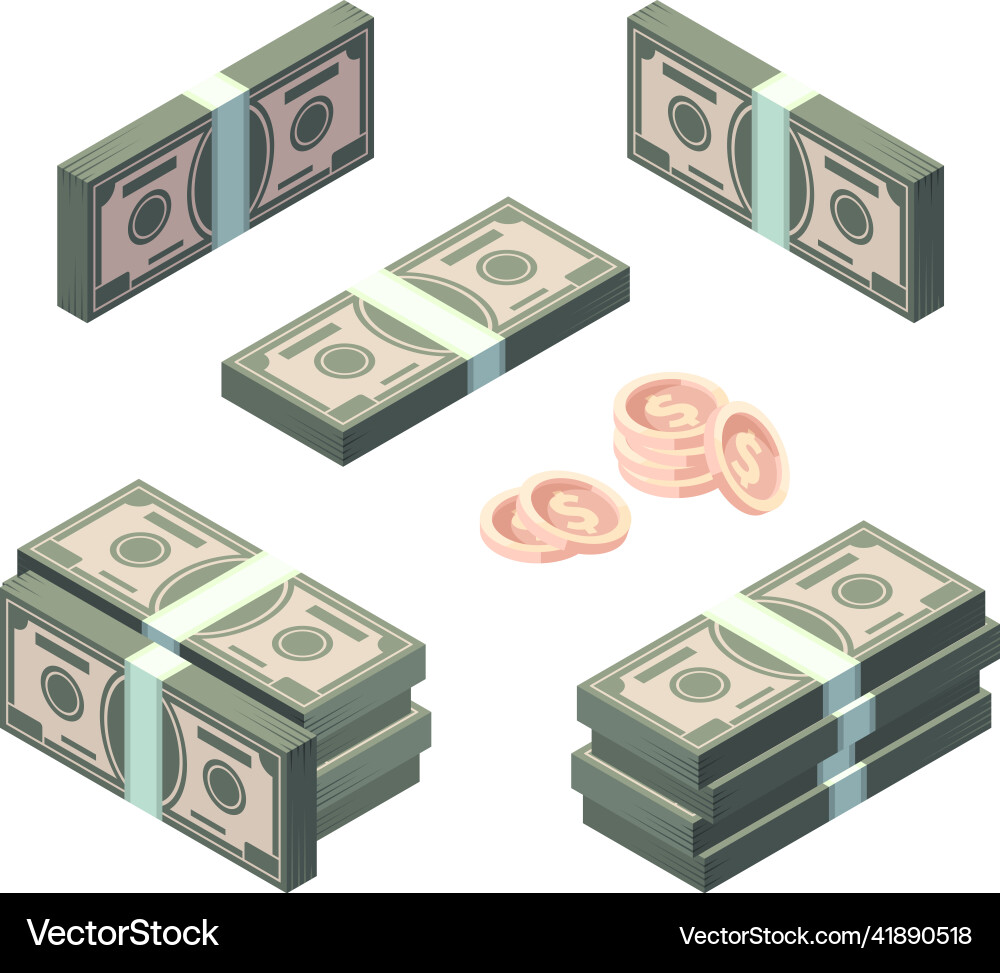Money isometric cash gold coins and dollars Money isometric cash gold coins and dollars vector image