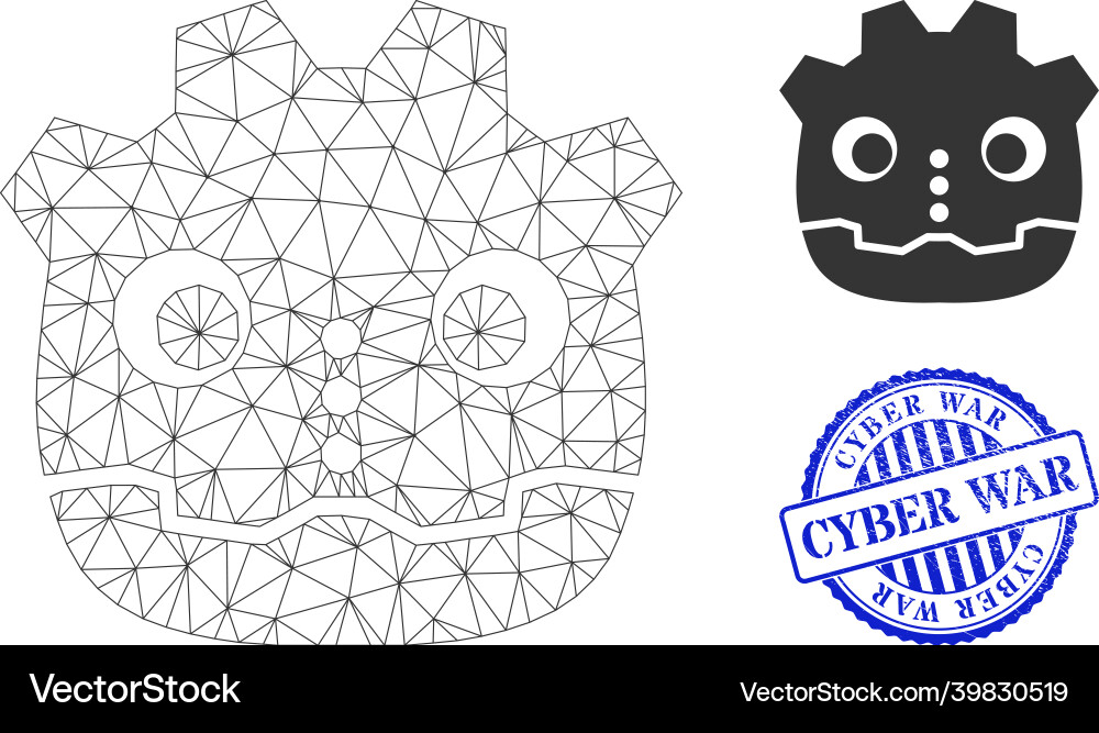 Cyber war distress seal and web network robot head Cyber war distress seal and web network robot head vector image