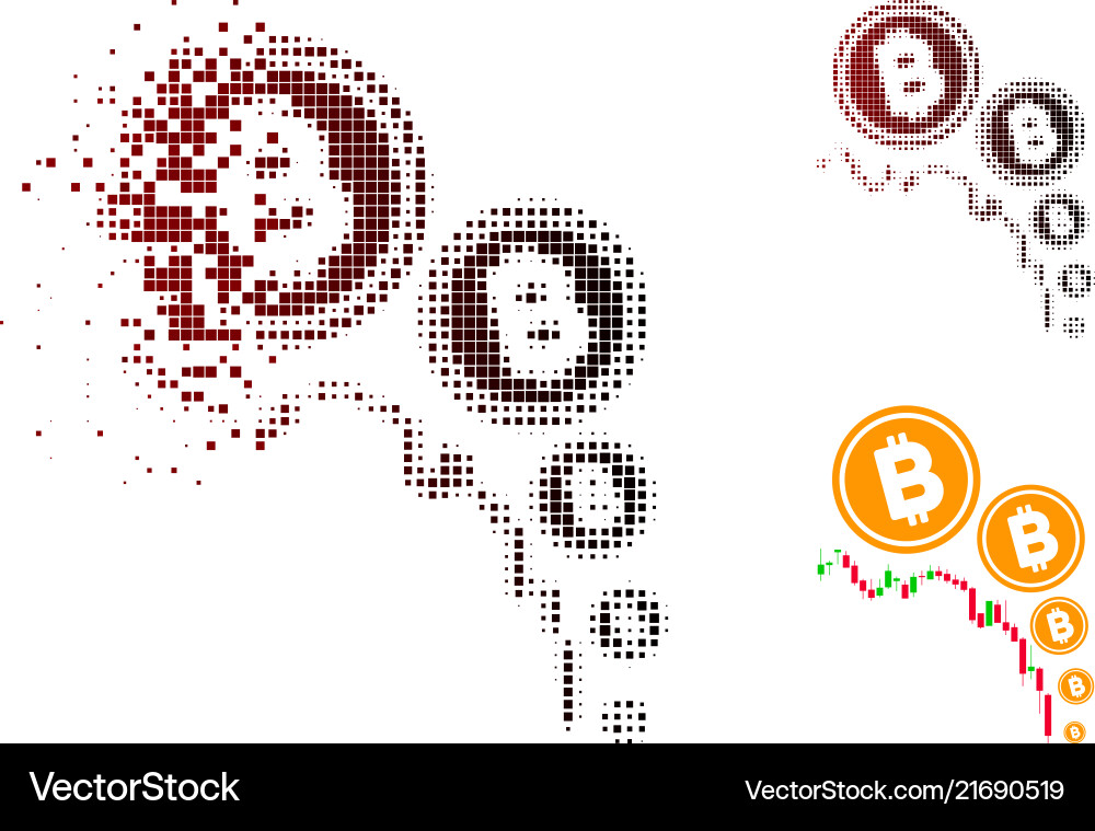 Decomposed pixel halftone bitcoin deflation chart Decomposed pixel halftone bitcoin deflation chart vector image
