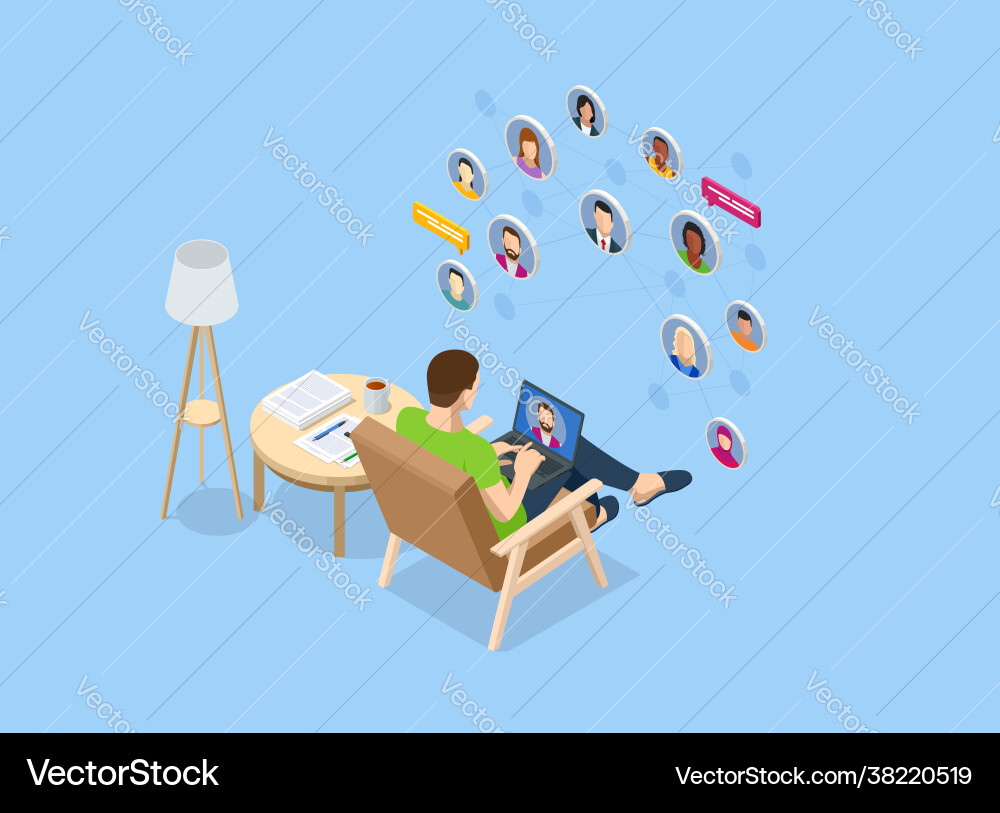 Isometric social network concept man laptop using vector image