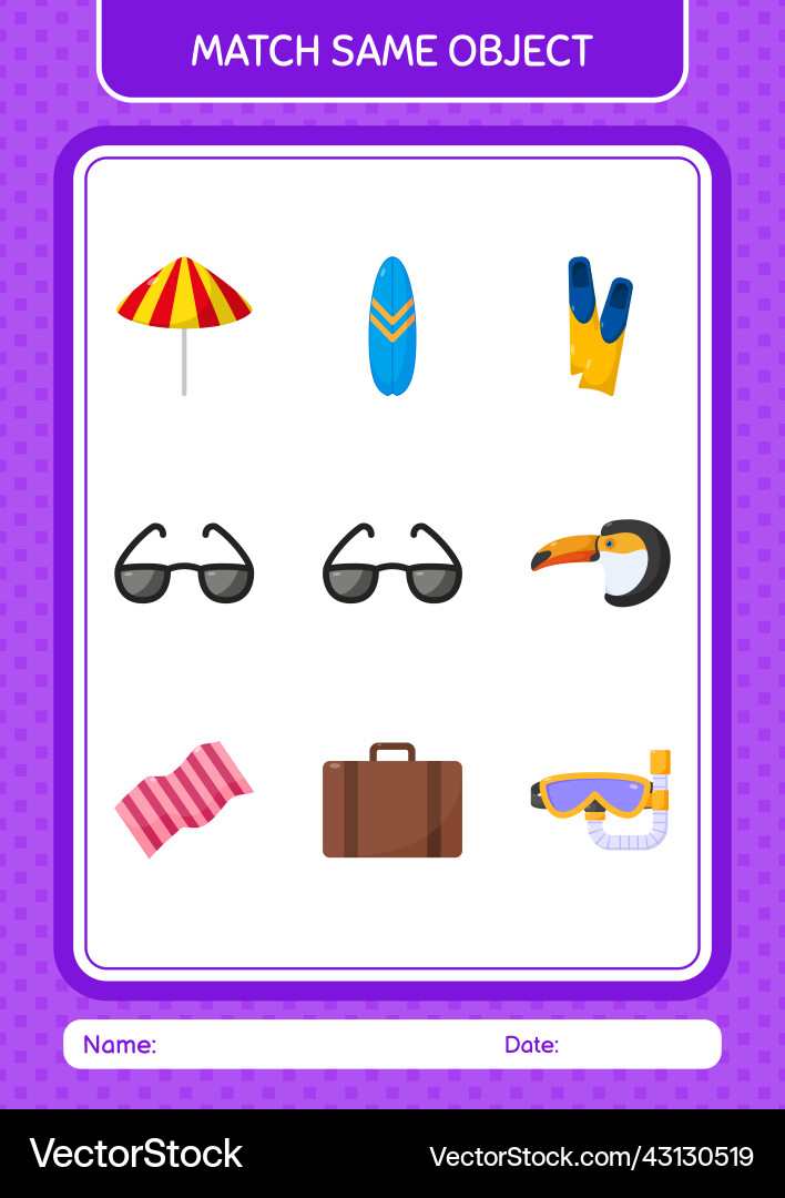 Match with same object game summer icon worksheet Match with same object game summer icon worksheet Vector Image