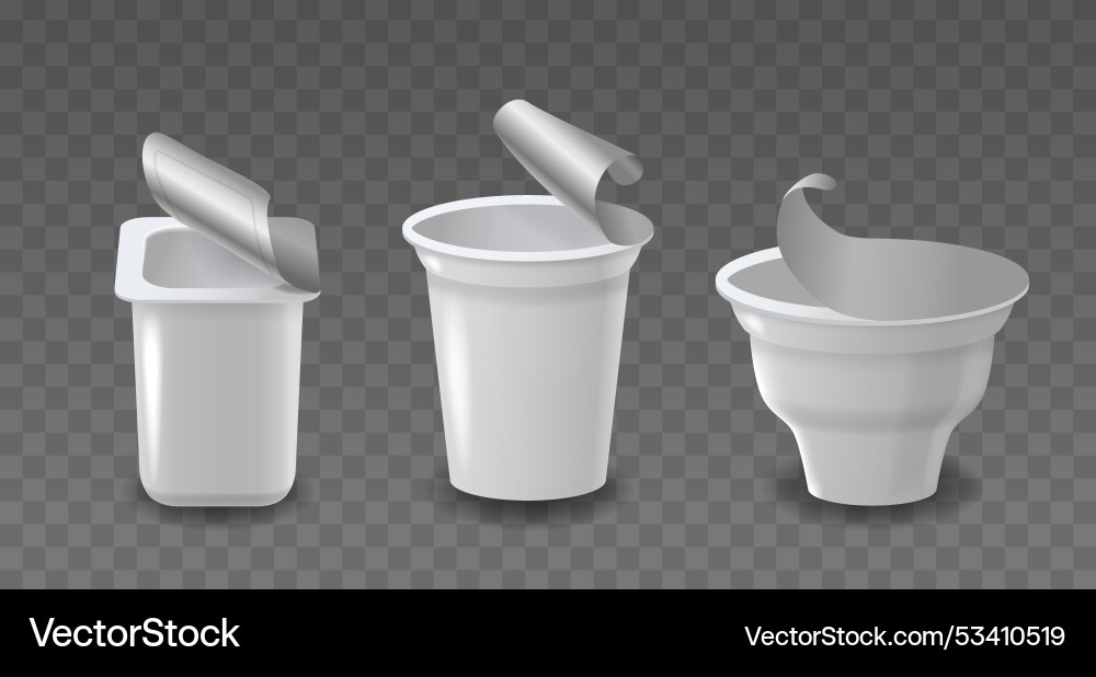 Set of three open yogurt containers in a different Set of three open yogurt containers in a different vector image