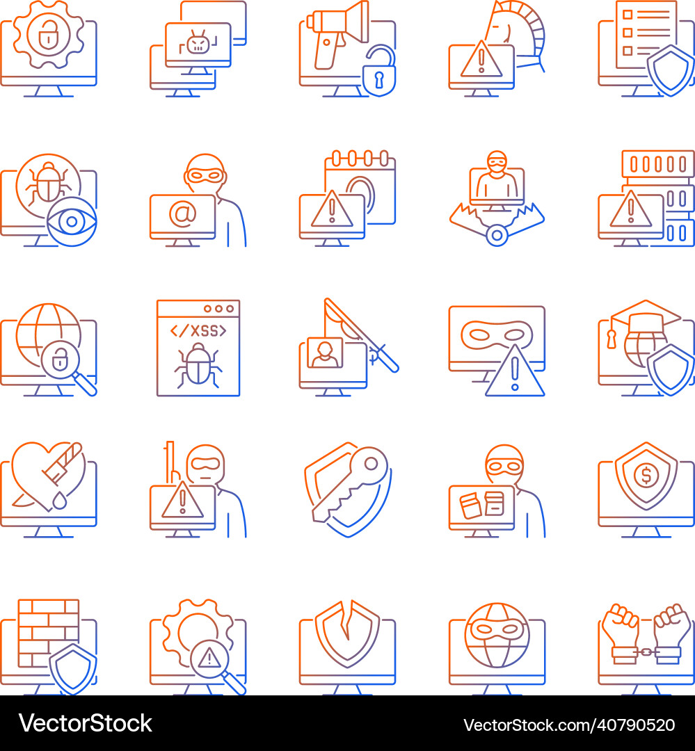 Hacker attack gradient linear icons set Hacker attack gradient linear icons set vector image