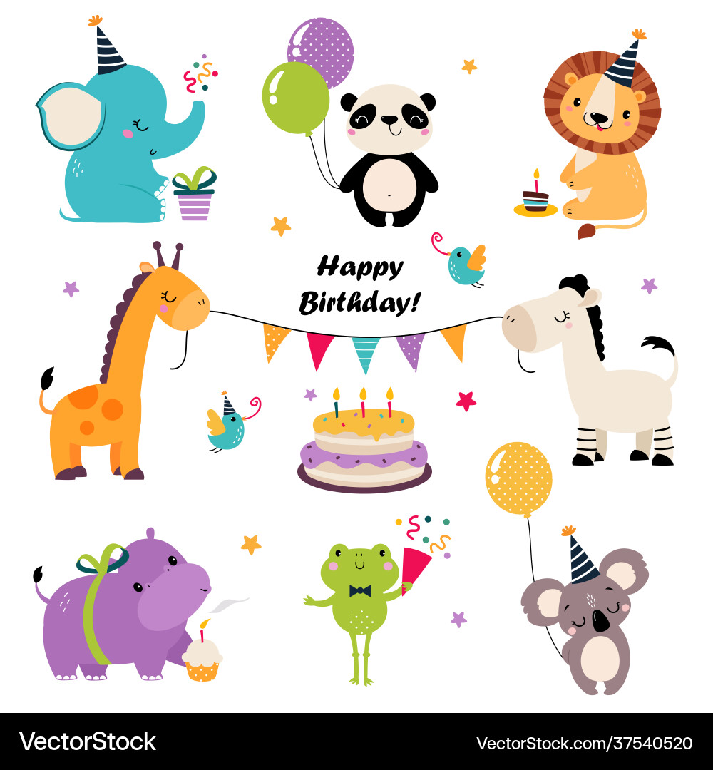 Happy birthday set adorable baby animal Happy birthday set adorable baby animal vector image