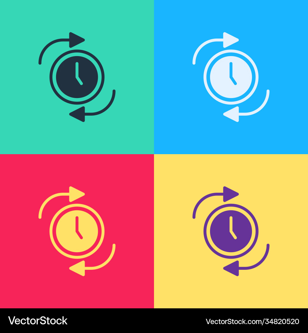 Pop art clock with arrow icon isolated on color Vector Image