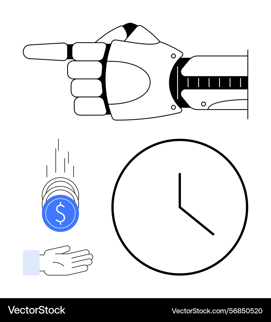 Robotic hand pointing with clock and coins Robotic hand pointing with clock and coins vector image