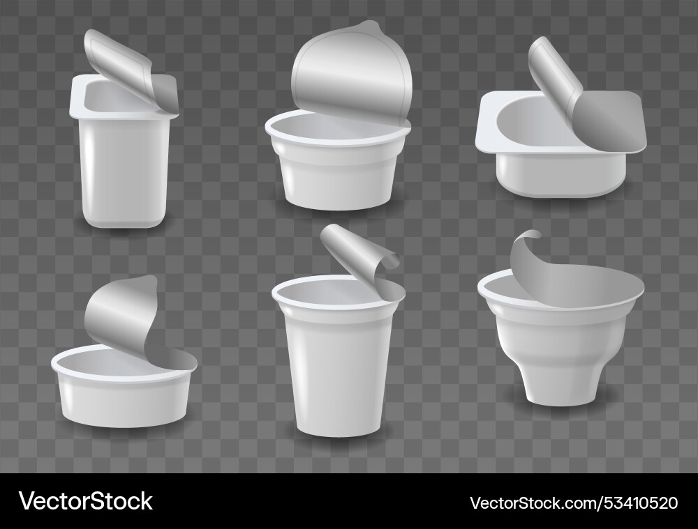 Set of six different yogurt containers with opened Set of six different yogurt containers with opened vector image