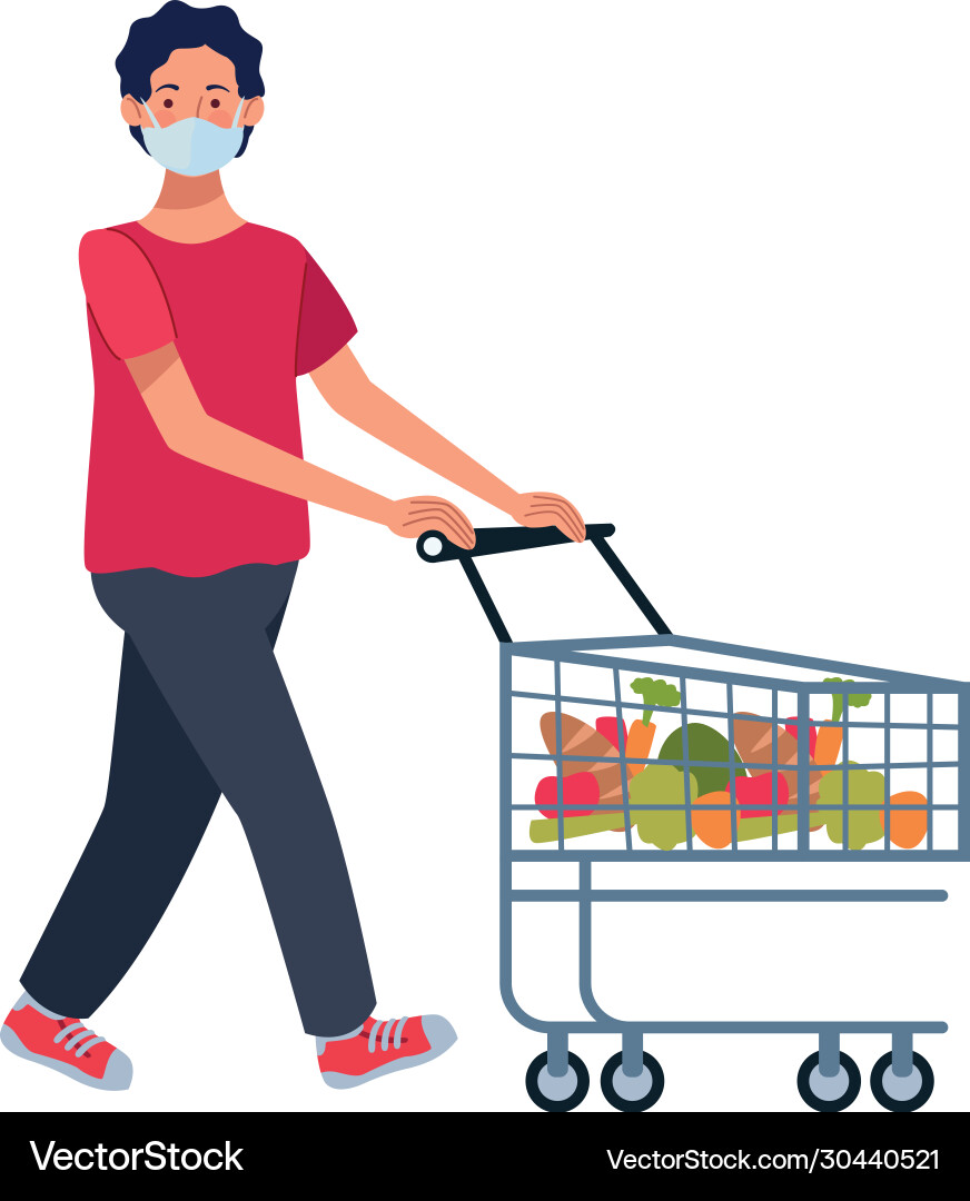 Man using face mask with shopping cart Vector Image