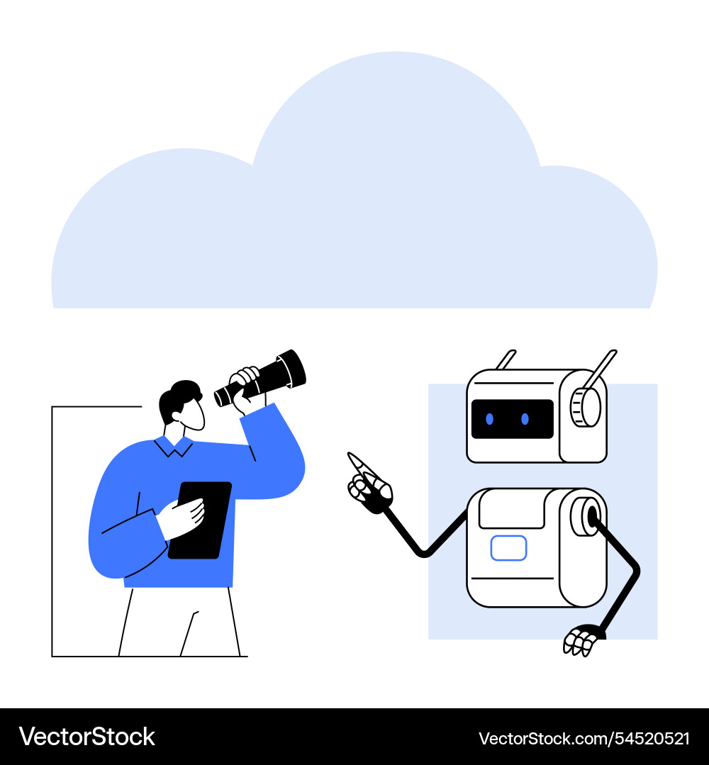 Man with telescope and robot interacting under vector image