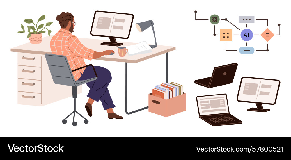 Professional working at desk on software project Professional working at desk on software project vector image