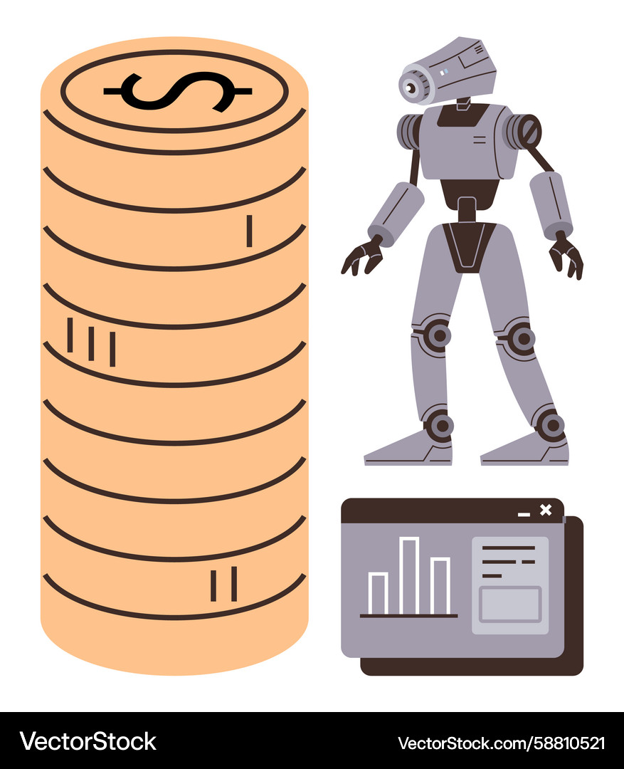 Robot with coin stack and analytics screen Vector Image