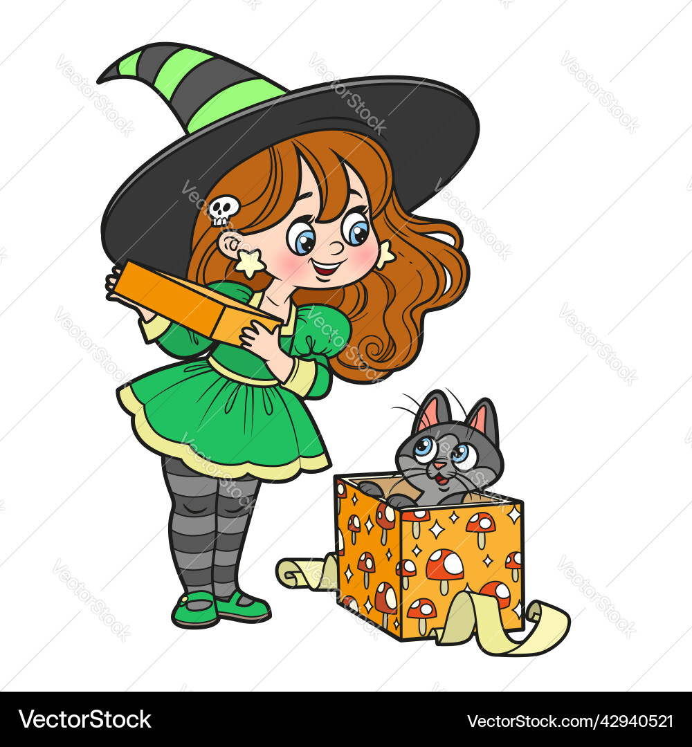 Süße Cartoon Hexe offene Geschenkbox mit Katze Farbe Vektorbild