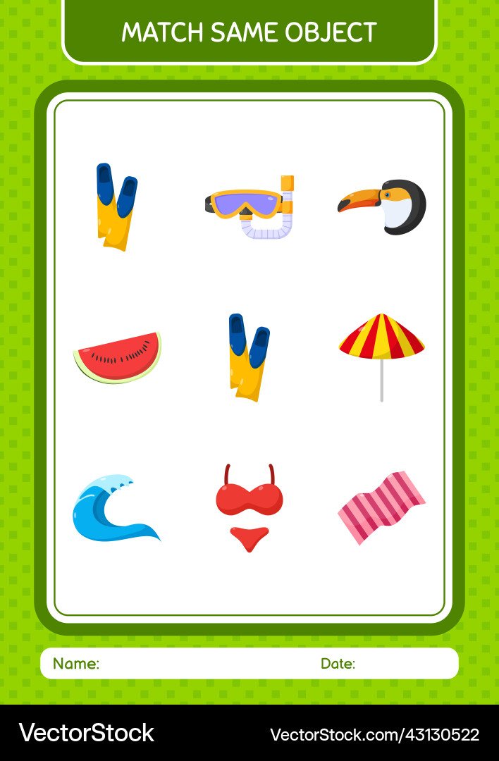 Match with same object game summer icon worksheet Vector Image