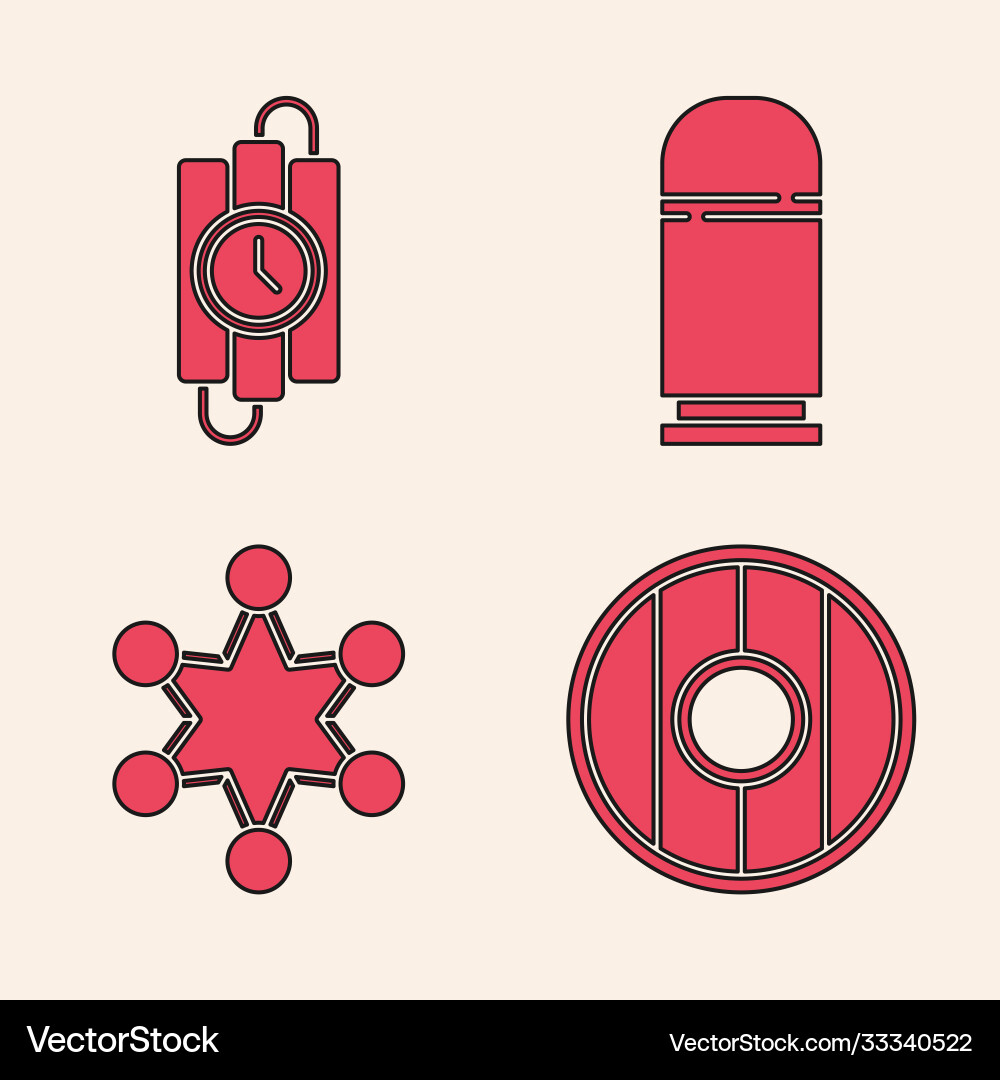 Set round wooden shield dynamite stick and timer Set round wooden shield dynamite stick and timer Vector Image