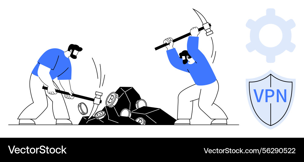 Workers mining digital blocks with tools Workers mining digital blocks with tools vector image