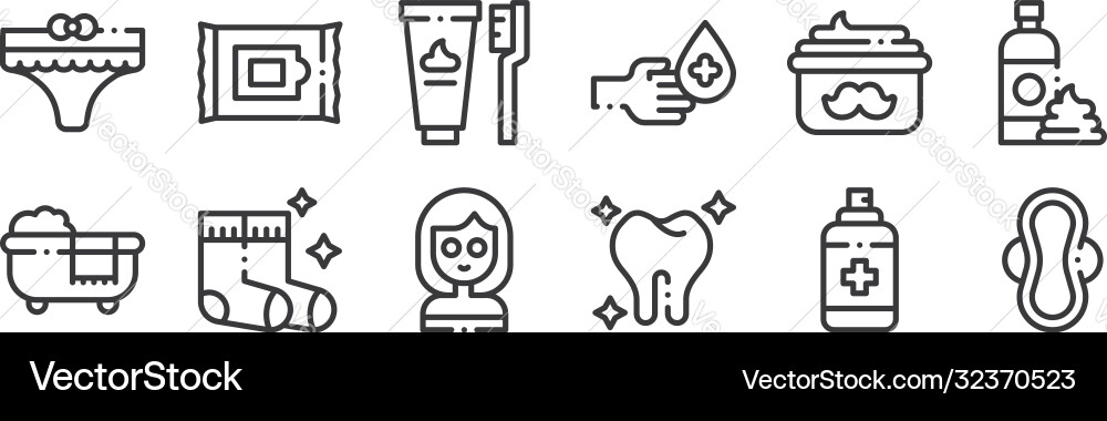 12 set linear hygiene routine icons thin Vector Image