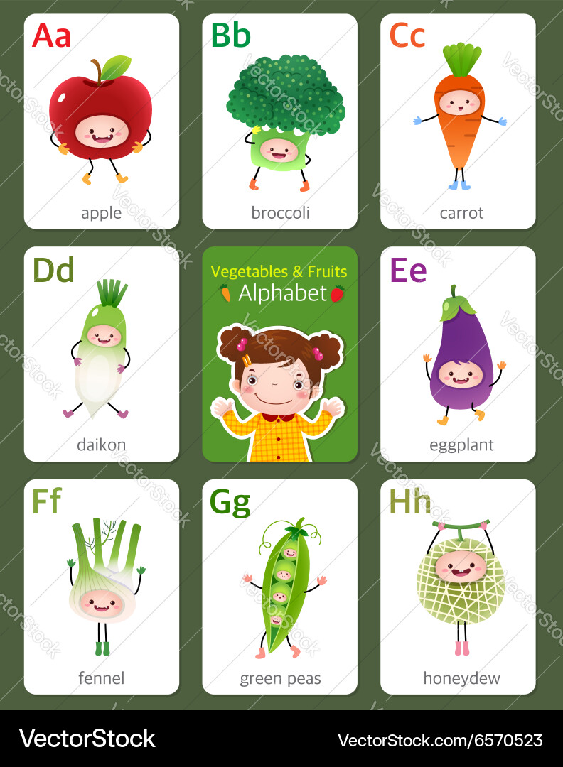 Alphabet Flashcards: Fruits & Veggies (A-H) vector image
