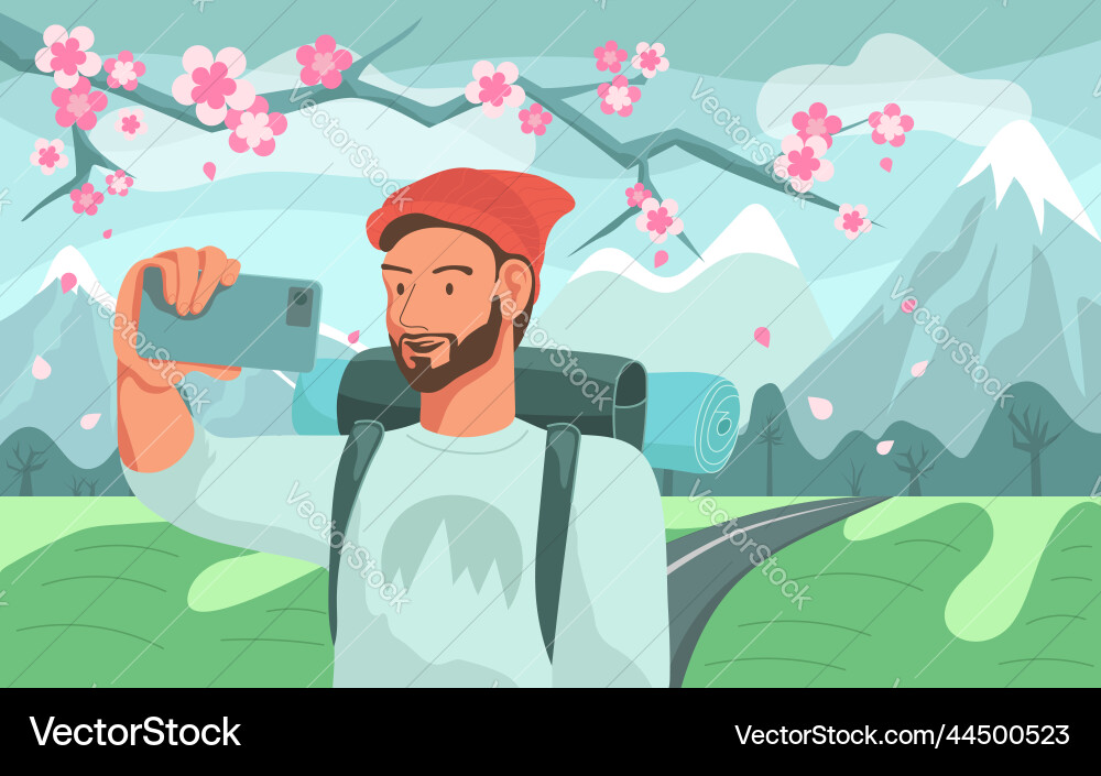 Man tourist with backpack taking selfie Vector Image
