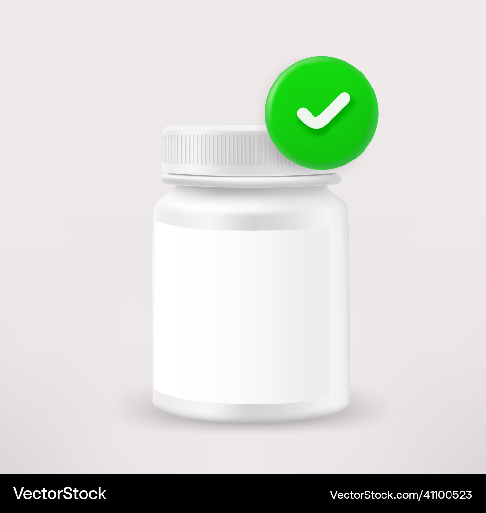 Plastic container with capsules checkmark 3d vector image