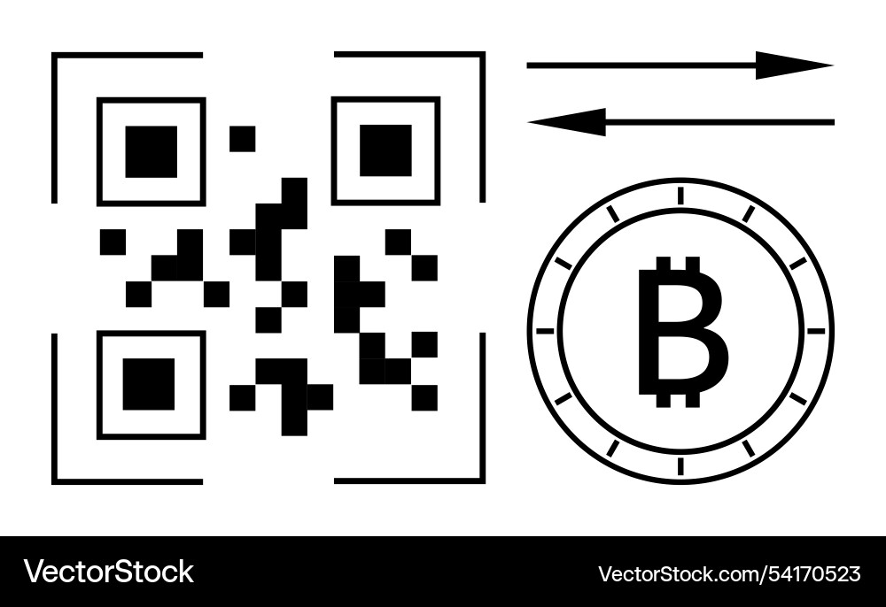 Qr code with bitcoin symbol and arrows indicating Qr code with bitcoin symbol and arrows indicating vector image