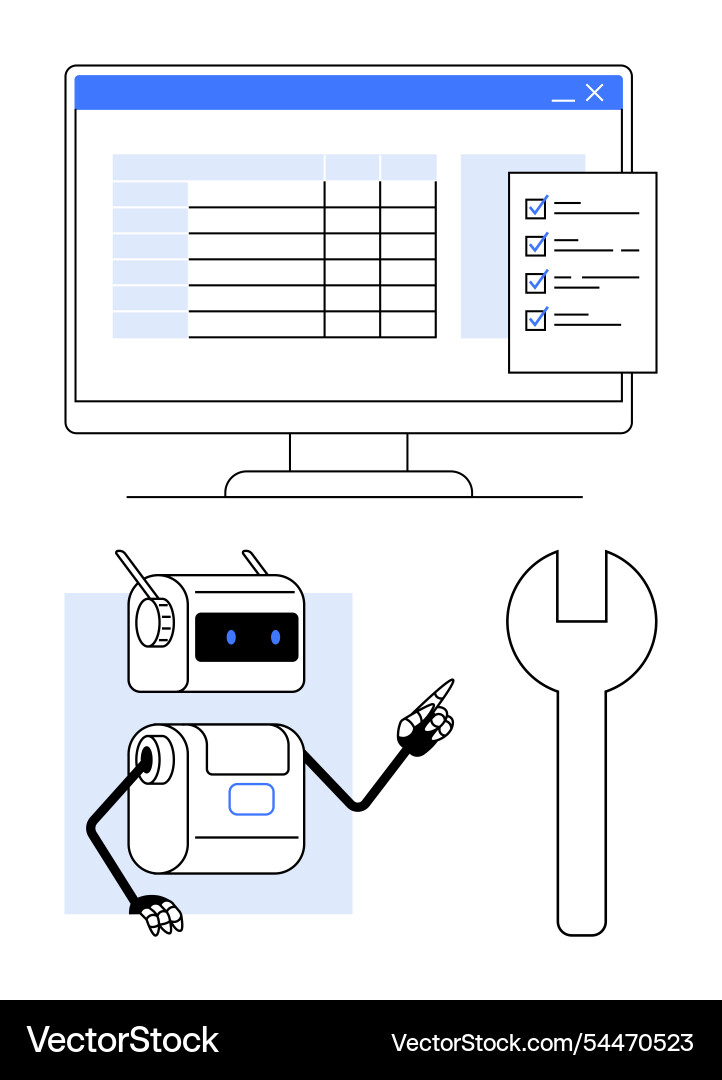 Robot assistant pointing at checklist with wrench Robot assistant pointing at checklist with wrench vector image