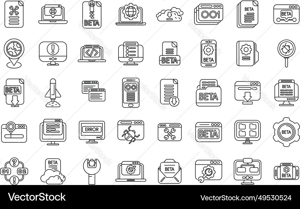 Beta version icons set outline build code Beta version icons set outline build code vector image