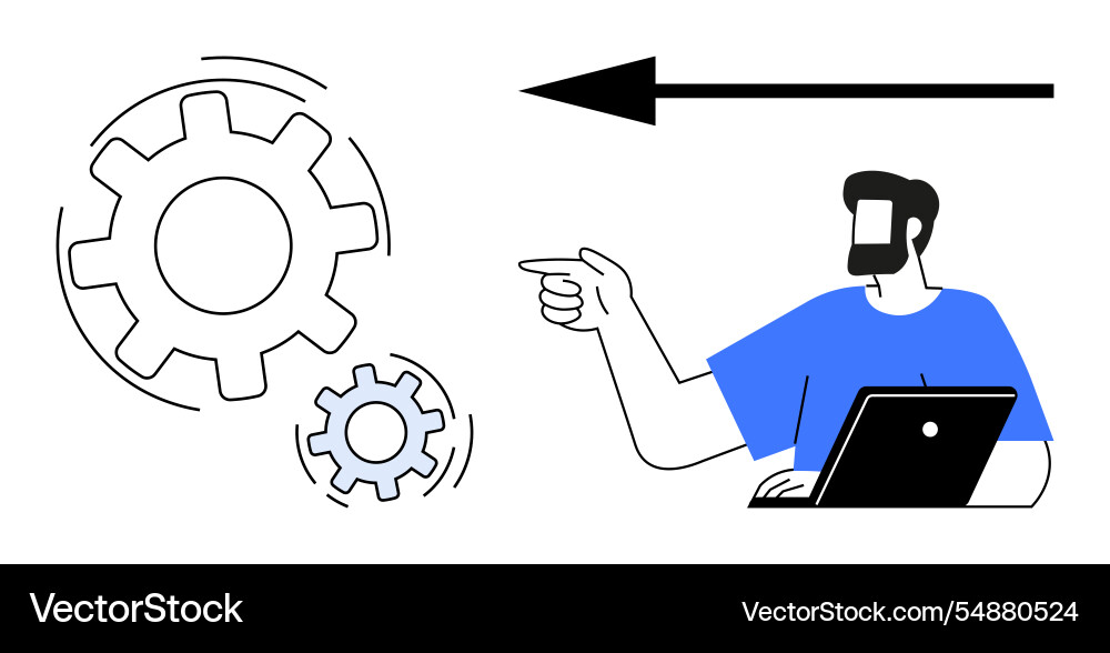 Man pointing at moving gears with laptop Man pointing at moving gears with laptop vector image