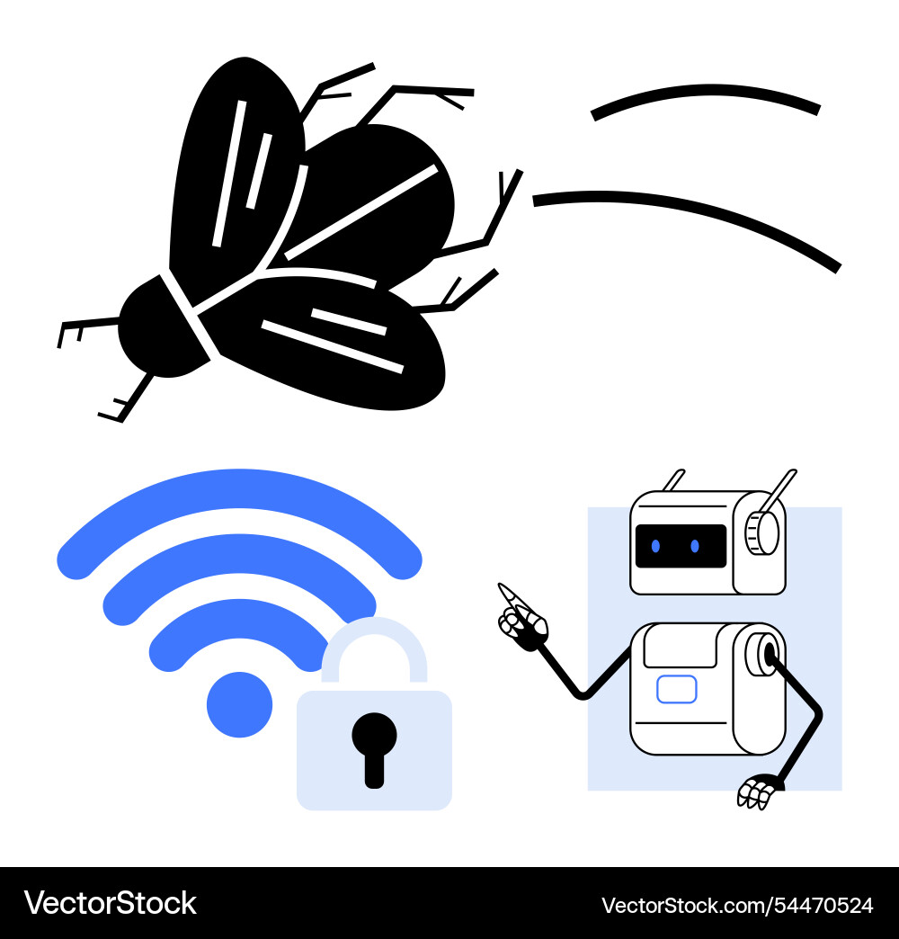 Robot pointing at fly with wireless signal Vector Image