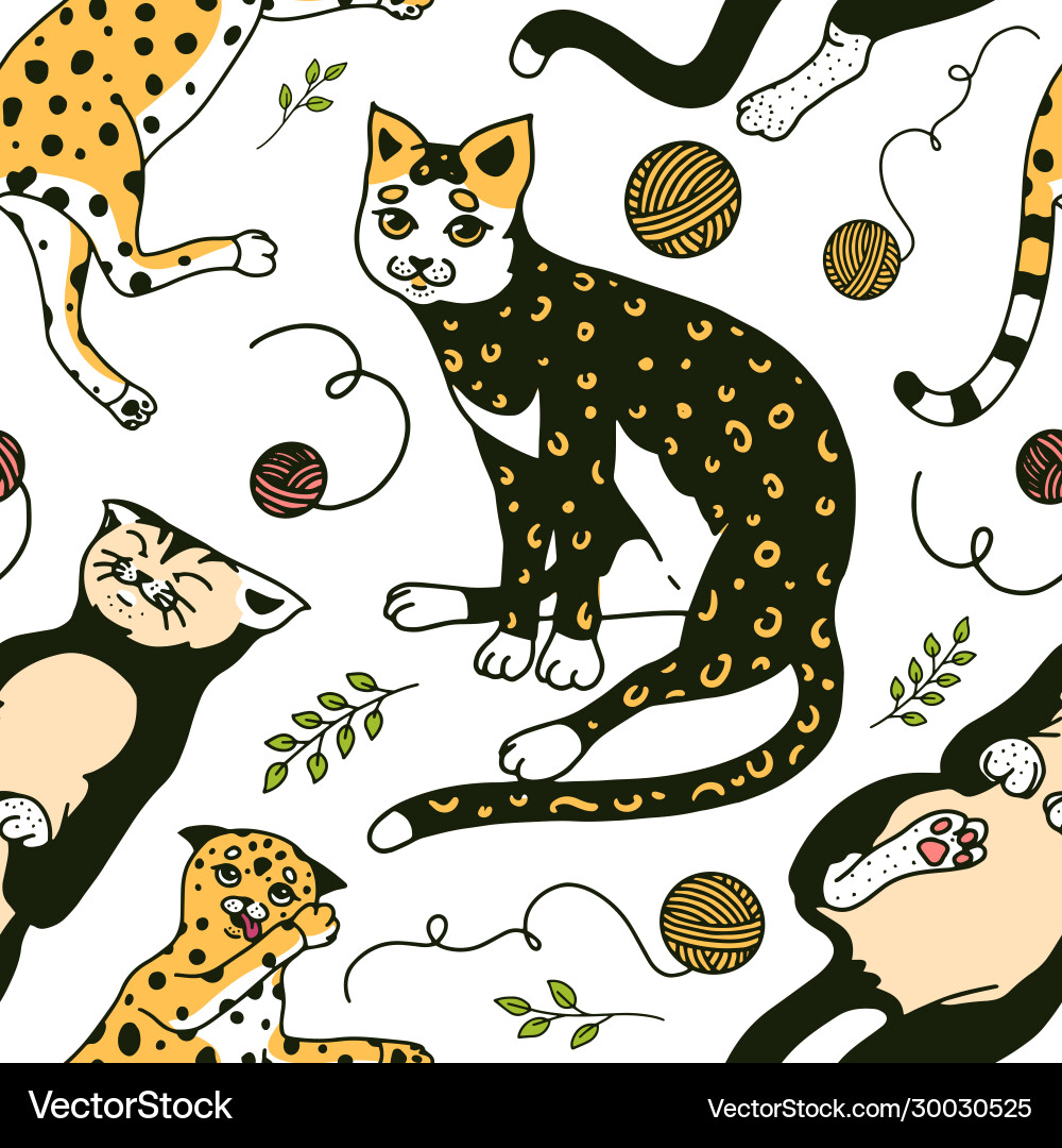 Cute Cat Pattern - Seamless Vector Image