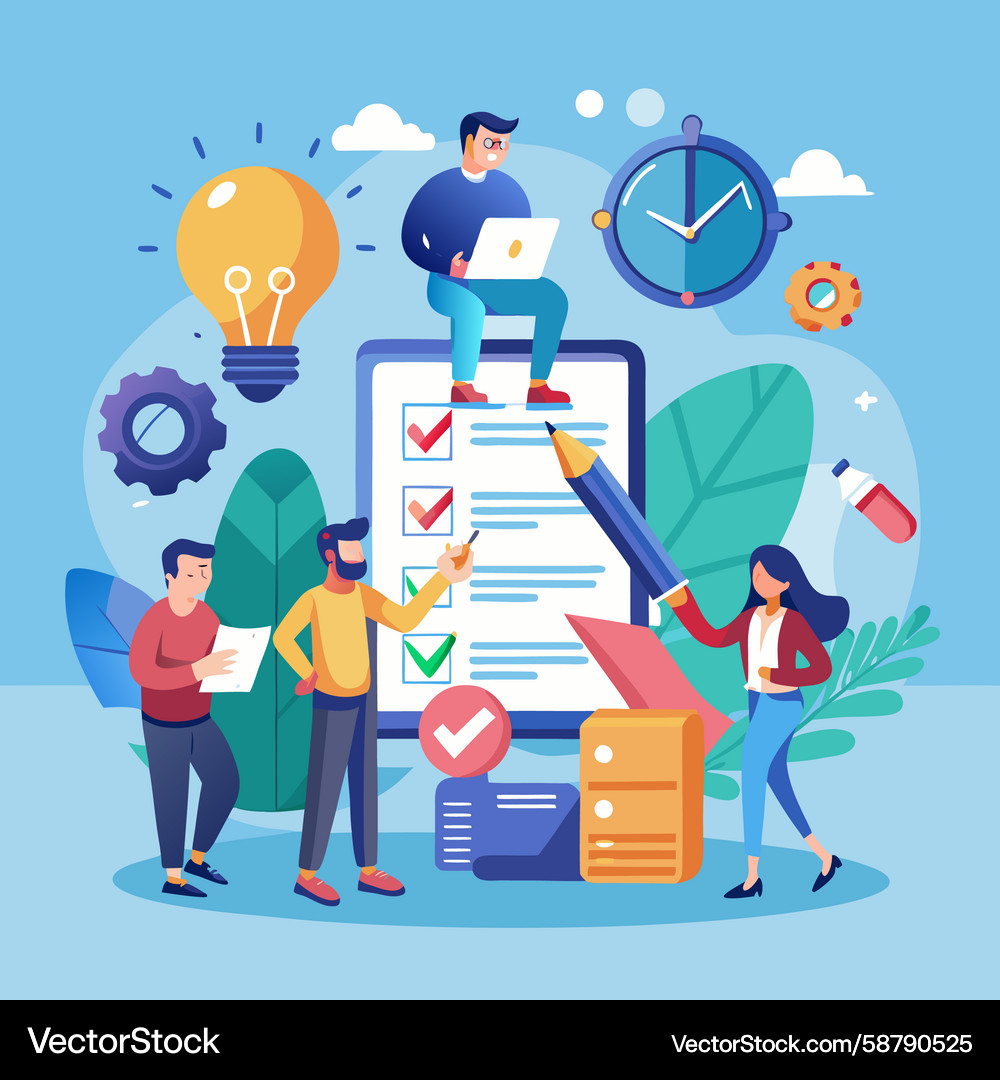 Teamwork completing tasks checklists and projects Teamwork completing tasks checklists and projects Vector Image