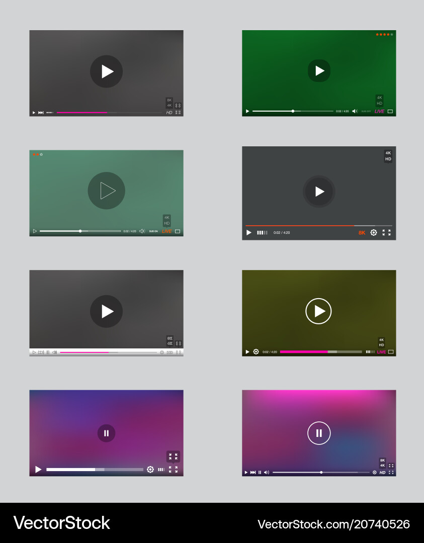 Big set video player window with menu and buttons Big set video player window with menu and buttons Vector Image
