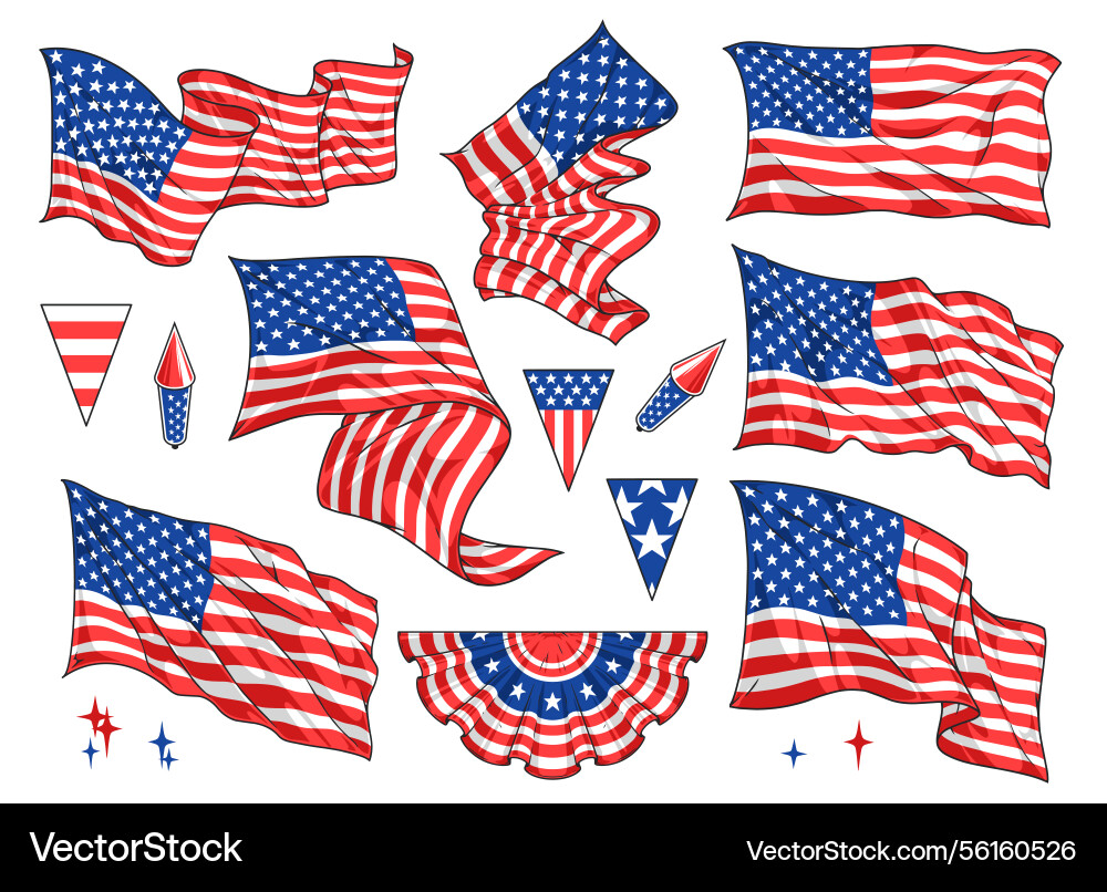 Colorful american flags in diverse designs Colorful american flags in diverse designs vector image