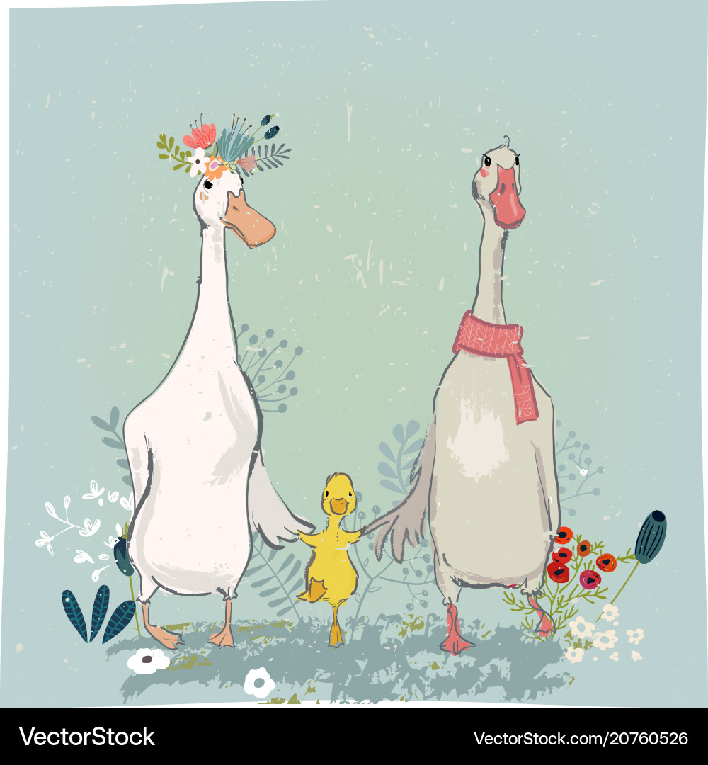 Cute Farm Animals: Duck and Goose Family Vector Image