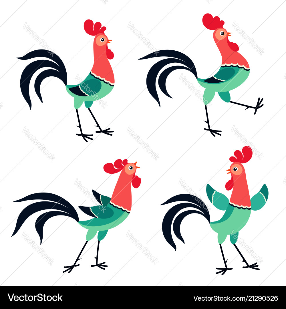 Set of cartoon rooster in various poses isolated Set of cartoon rooster in various poses isolated vector image