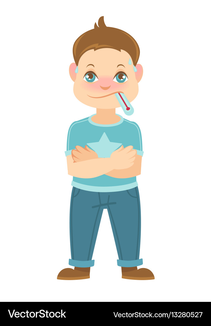 Boy measures temperature with thermometer in mouth Vector Image