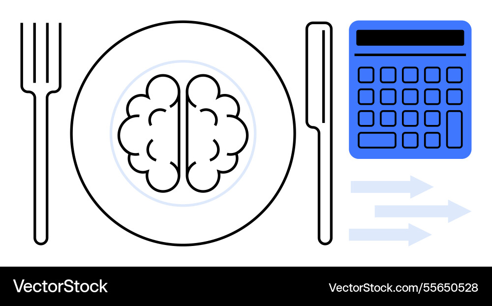 Brain on plate with fork and calculator Brain on plate with fork and calculator Vector Image
