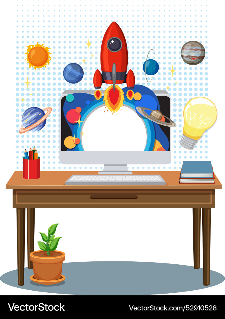 Rocket launching from computer screen on desk Rocket launching from computer screen on desk vector image