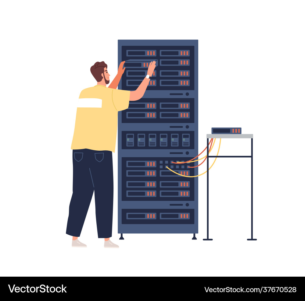 Sysadmin maintaining work server cabinet Sysadmin maintaining work server cabinet vector image