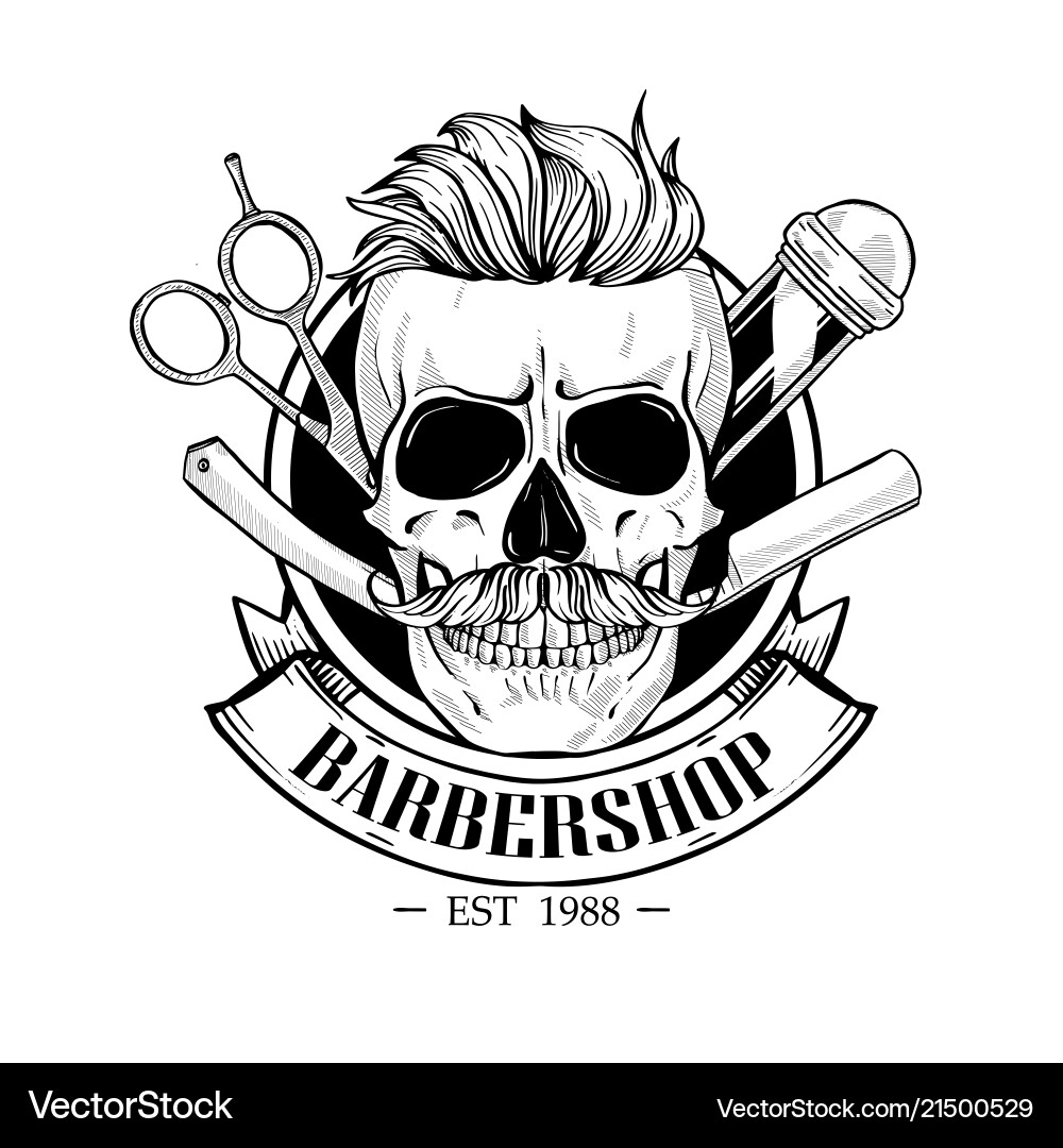 Barbershop logo angry sticker with skull vector image