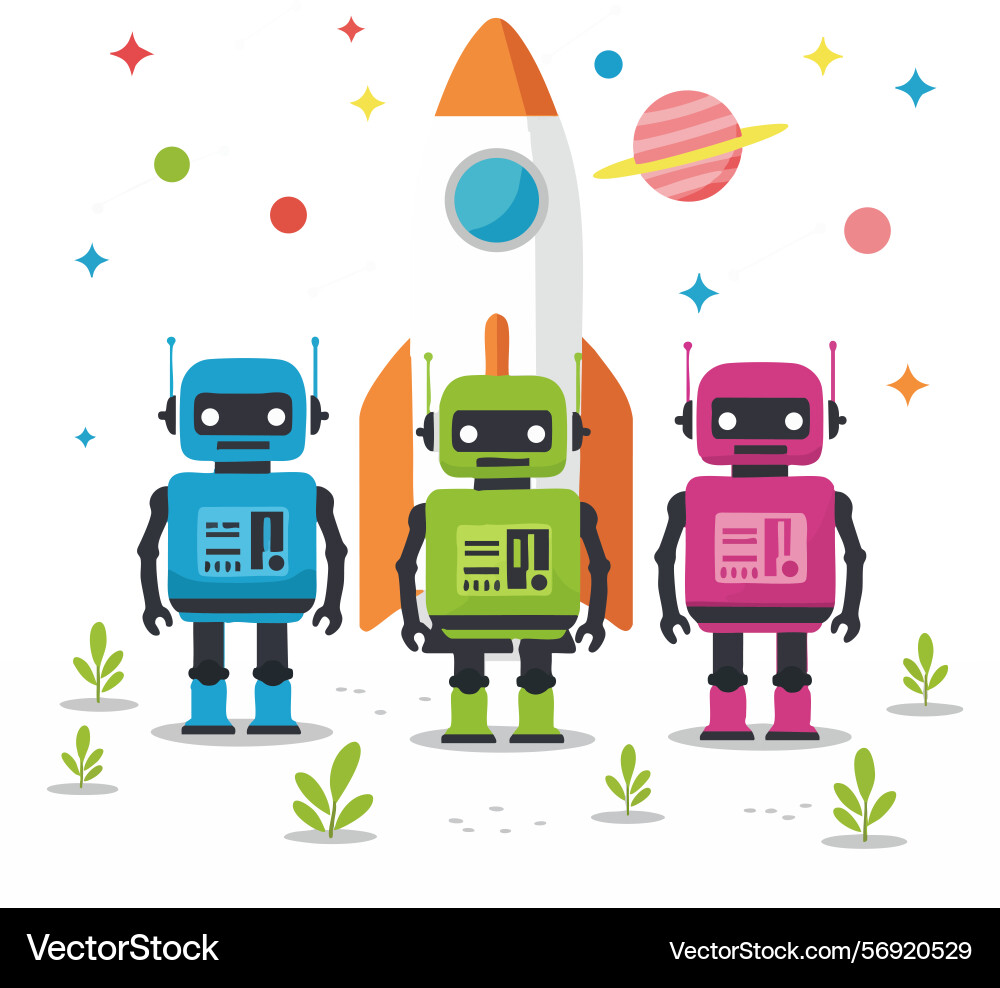 Colorful robots standing in front of rocket Colorful robots standing in front of rocket vector image