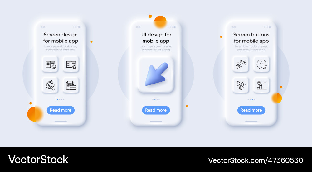 Graph chart 24 hours and certificate line icons Graph chart 24 hours and certificate line icons vector image