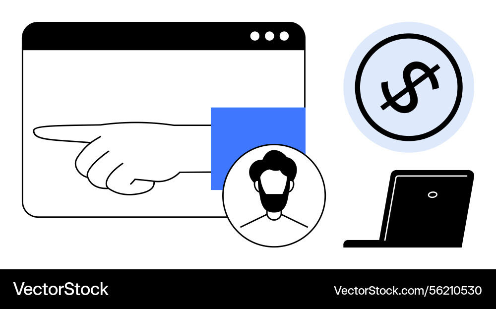 Hand pointing in browser window with user avatar Vector Image