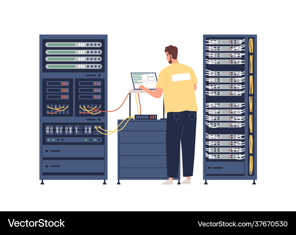 Network Technician Adjusting Server Rack vector image