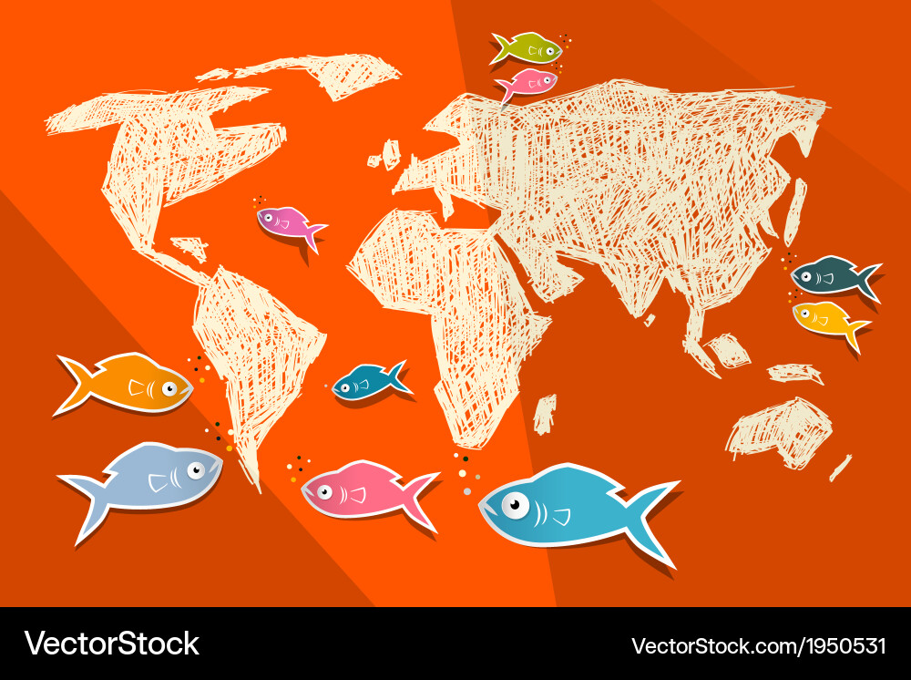 Paper world map with fish on red background Vector Image