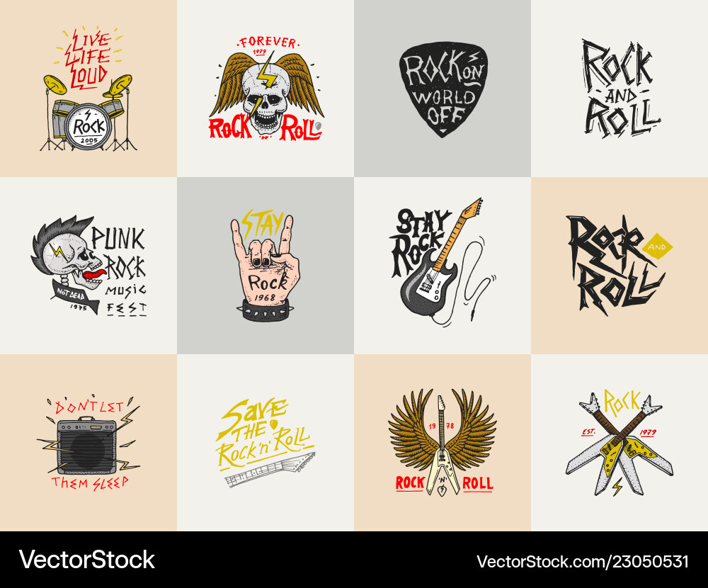 Set of rock and roll music symbols with guitar Set of rock and roll music symbols with guitar vector image