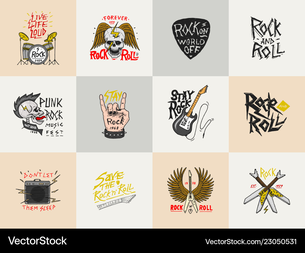 Set of rock and roll music symbols with guitar vector image