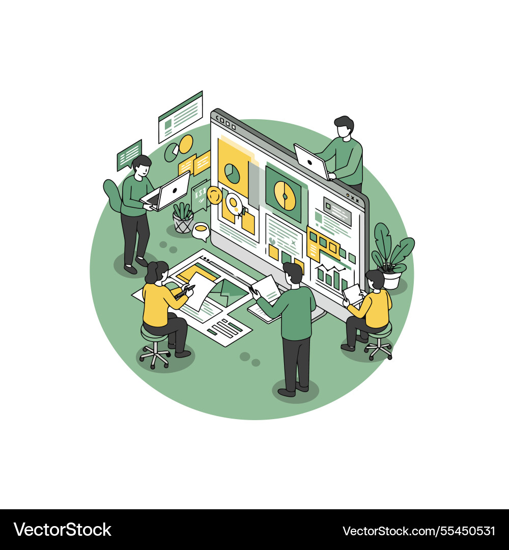 Team working on data analysis and website design vector image