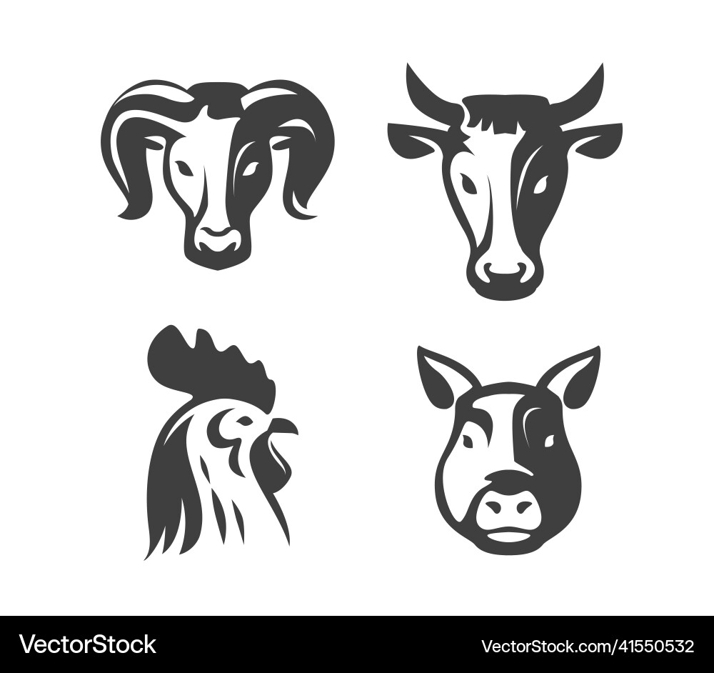 Farm animals emblems set cow pig chicken ram Farm animals emblems set cow pig chicken ram vector image
