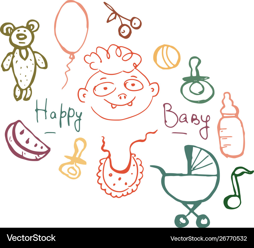 Kinder set handgezeichnete doodle Kinderwagen Nippelspielzeug Kinder set handgezeichnete doodle Kinderwagen Nippelspielzeug vektorbild