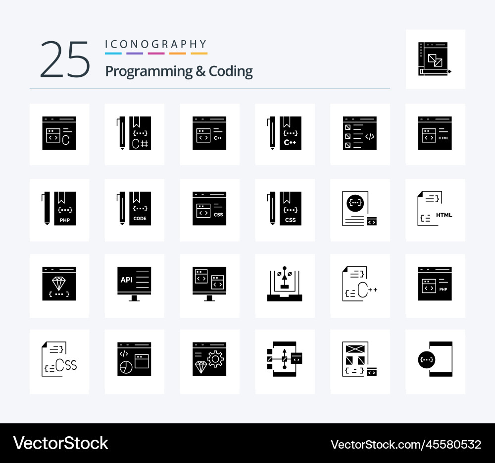 Programming and coding 25 solid glyph icon pack vector image